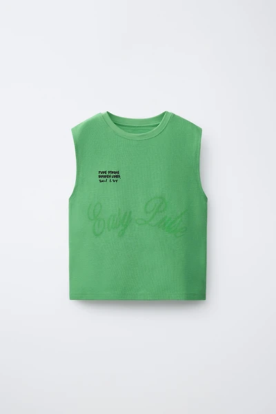 RAISED TEXT SLEEVELESS T-SHIRT