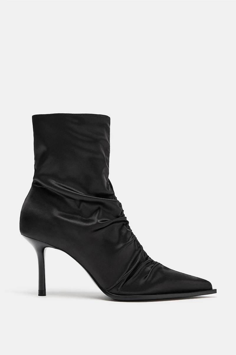 SATIN-EFFECT RUCHED HEELED ANKLE BOOTS