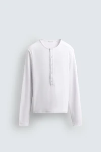 RIBBED SHIRT WITH BUTTON NECK