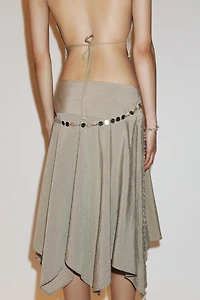 STRIPED ASYMMETRIC BELTED MIDI SKIRT
