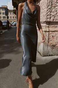ASYMMETRICAL BEADED SATIN MIDI DRESS