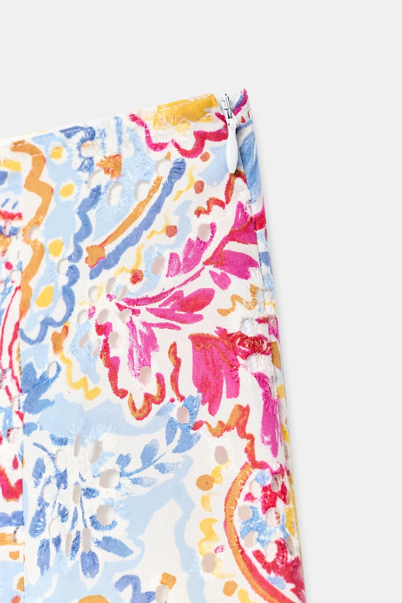 PRINTED EMBROIDERED EYELET MIDI SKIRT