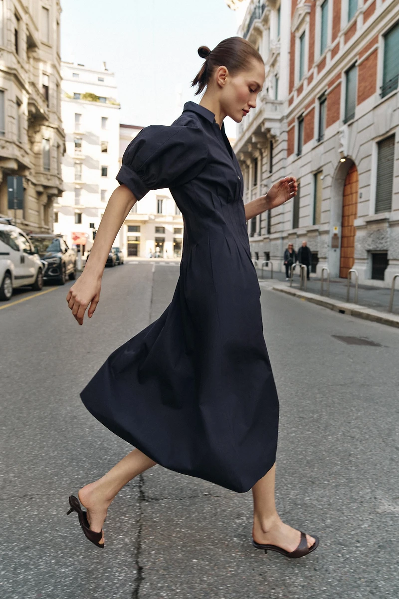 PUFF SLEEVE POPLIN MIDI DRESS
