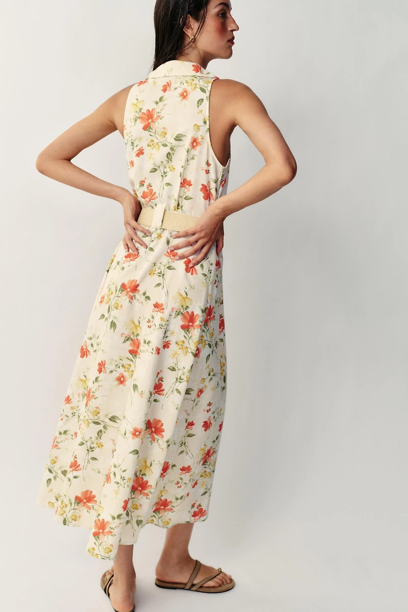 PRINTED BELTED MIDI DRESS