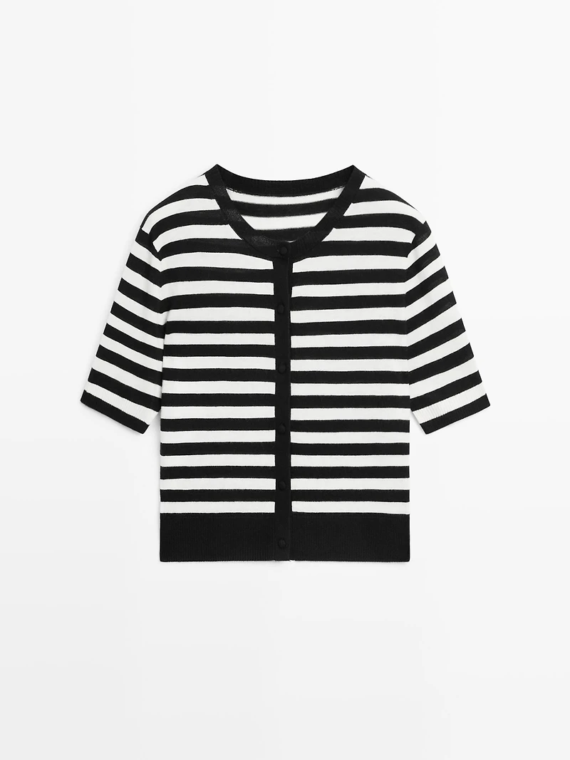 Striped short sleeve knit cardigan
