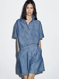 Cotton and linen Bermuda shorts with pocket detail