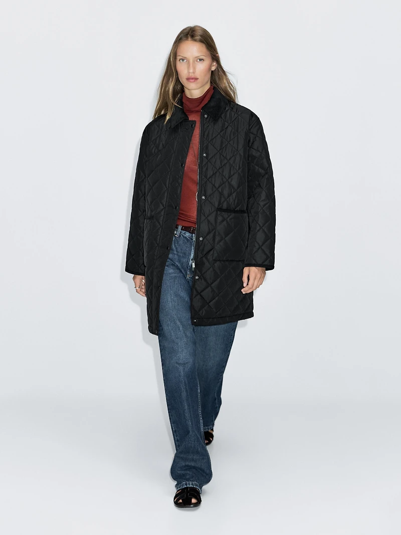 Long lightweight puffer jacket with corduroy detail