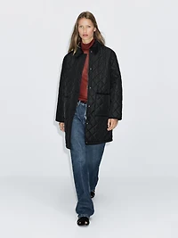 Long lightweight puffer jacket with corduroy detail