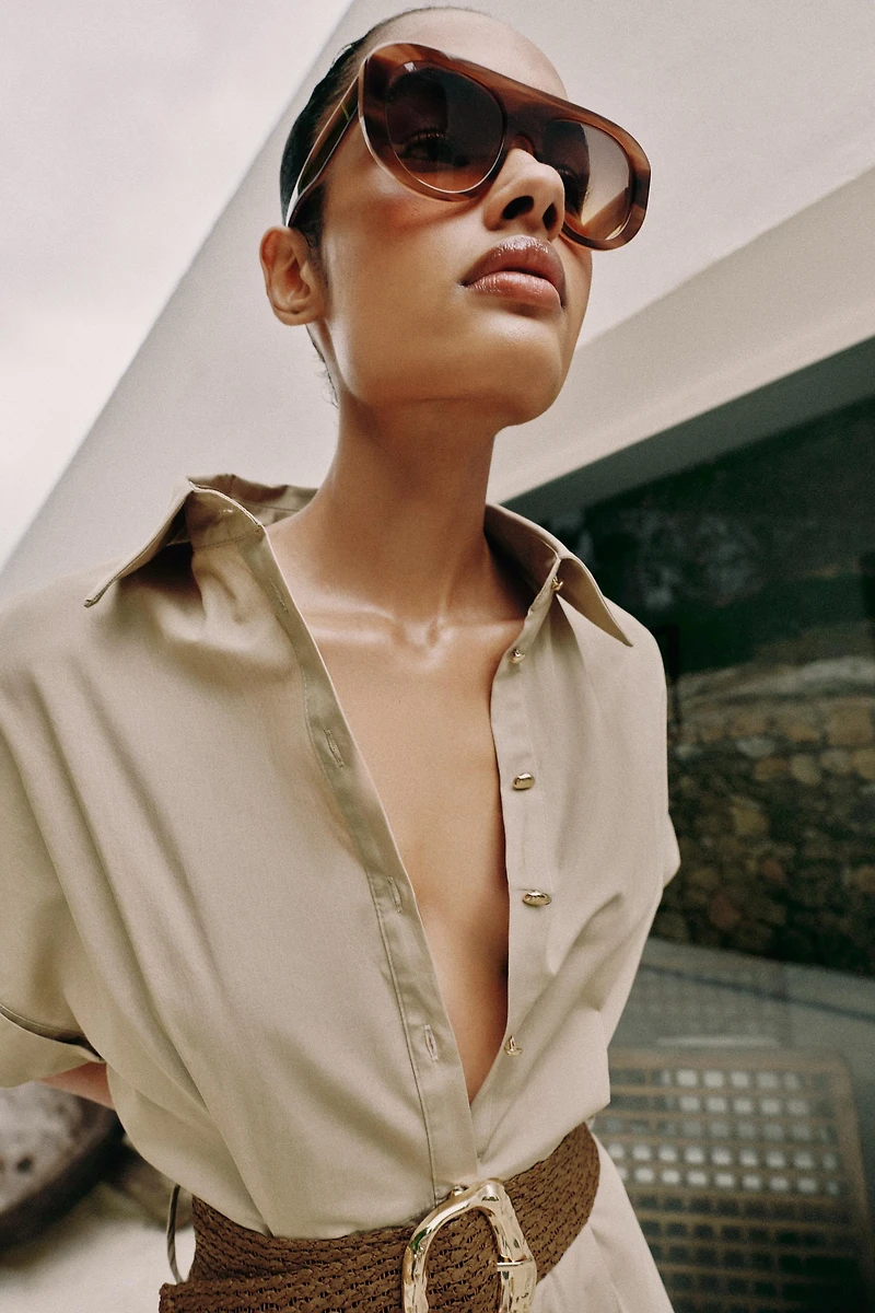 BELTED POPLIN MIDI DRESS