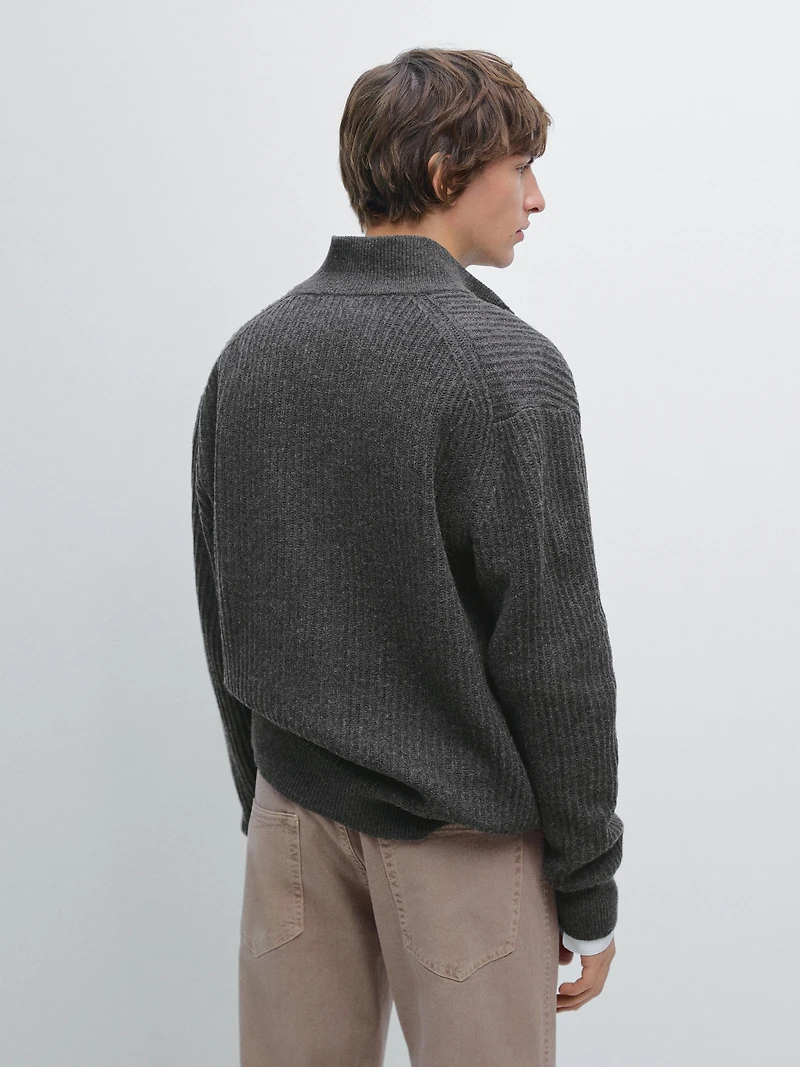 Cotton blend knit cardigan with high neck