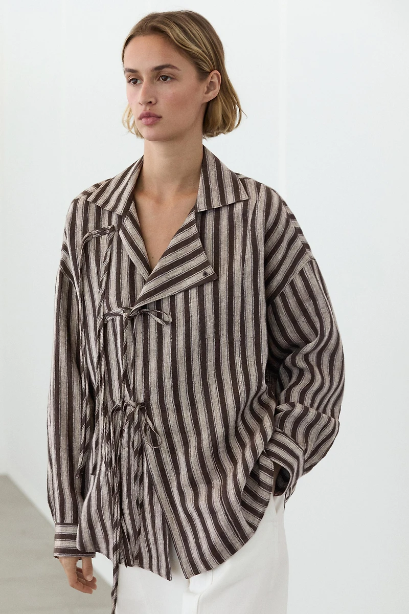 Striped wrap shirt with tie detail