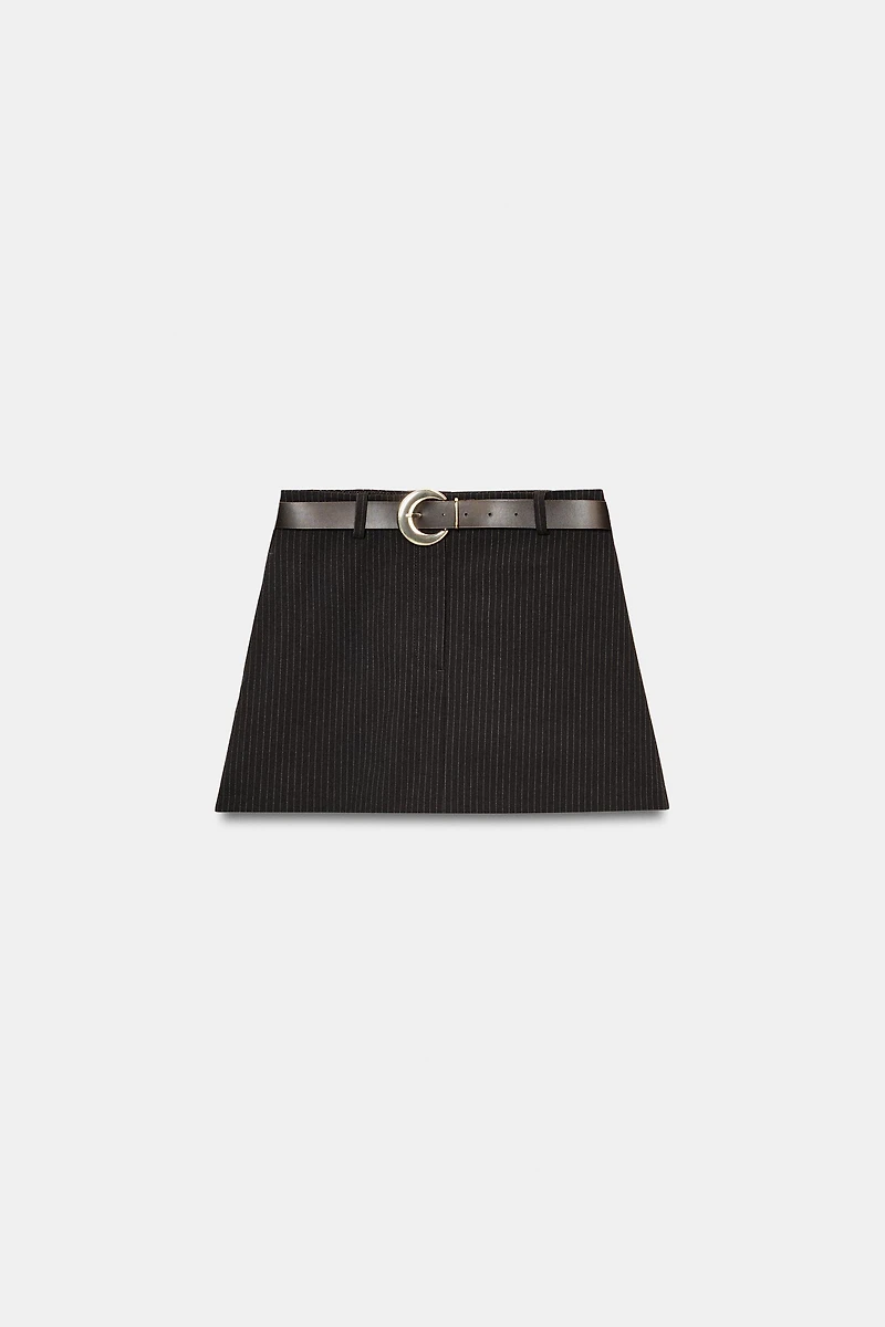 PINSTRIPE BELTED SPLIT SKIRT