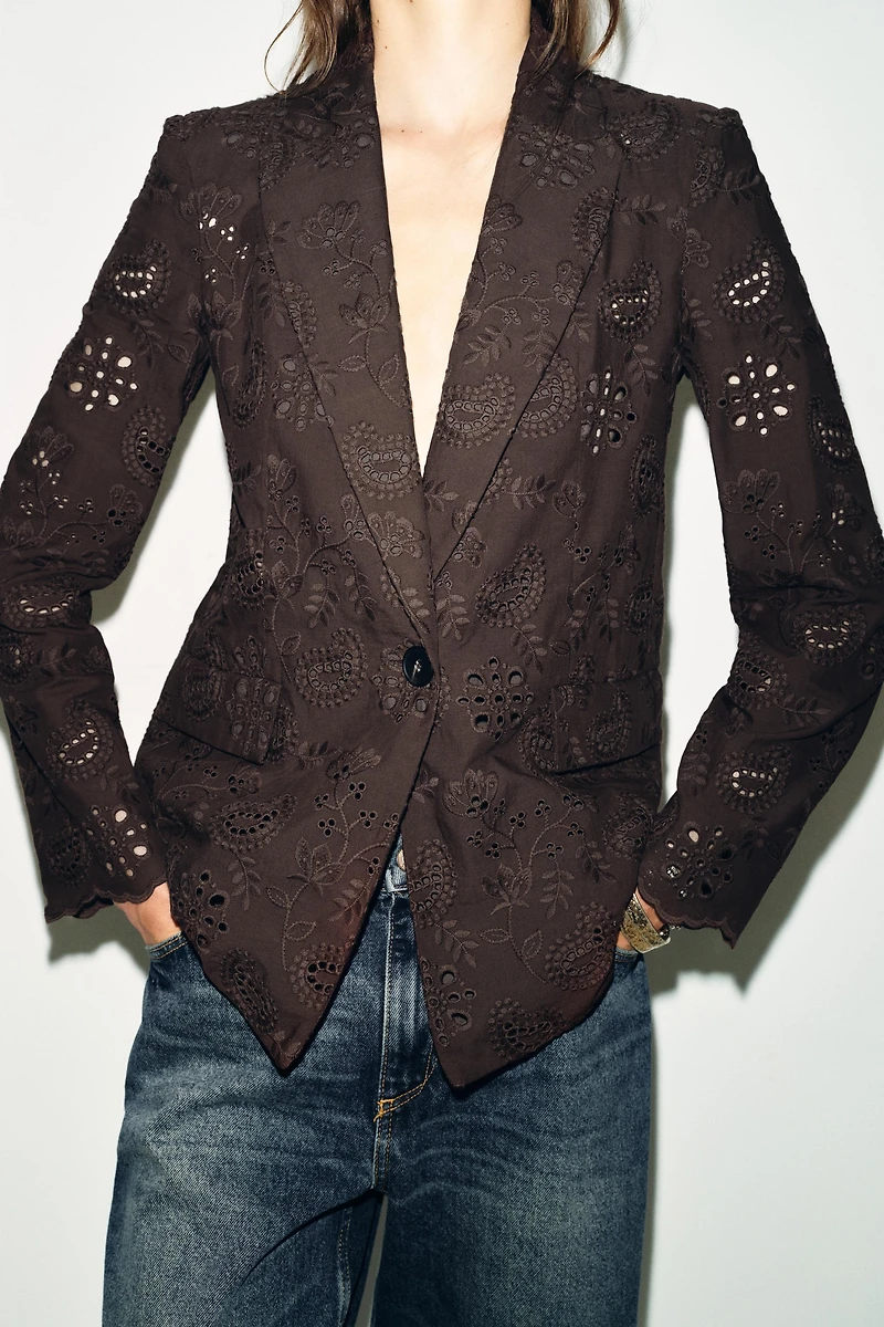 VESTE DROITE ÉPAULETTES BRODERIES AJOURÉES