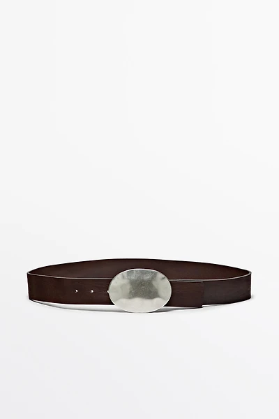 Nappa leather texture belt with oval buckle
