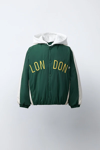 WATER REPELLENT BOMBER JACKET WITH DETACHABLE FLEECE HOODIE