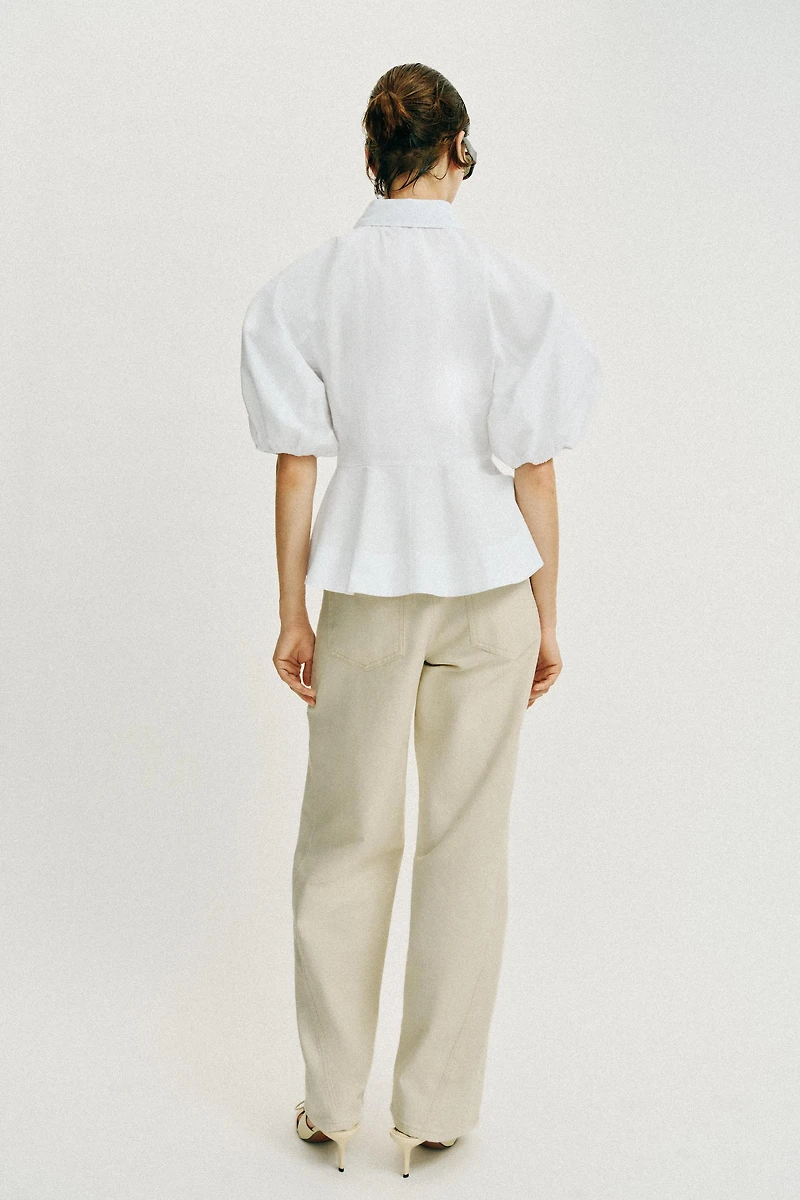 PEPLUM SHIRT WITH PUFF SLEEVES