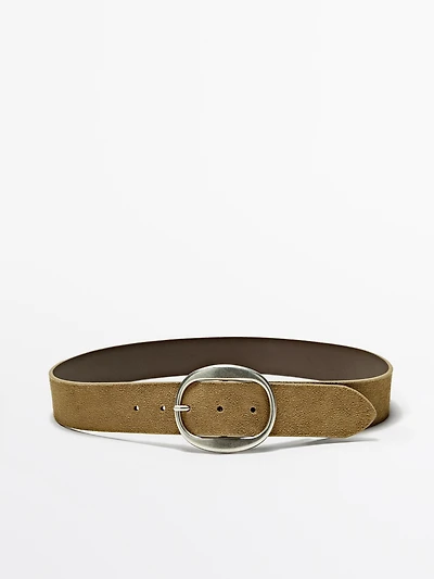 Split suede leather belt with oval buckle
