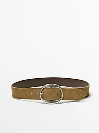 Split suede leather belt with oval buckle