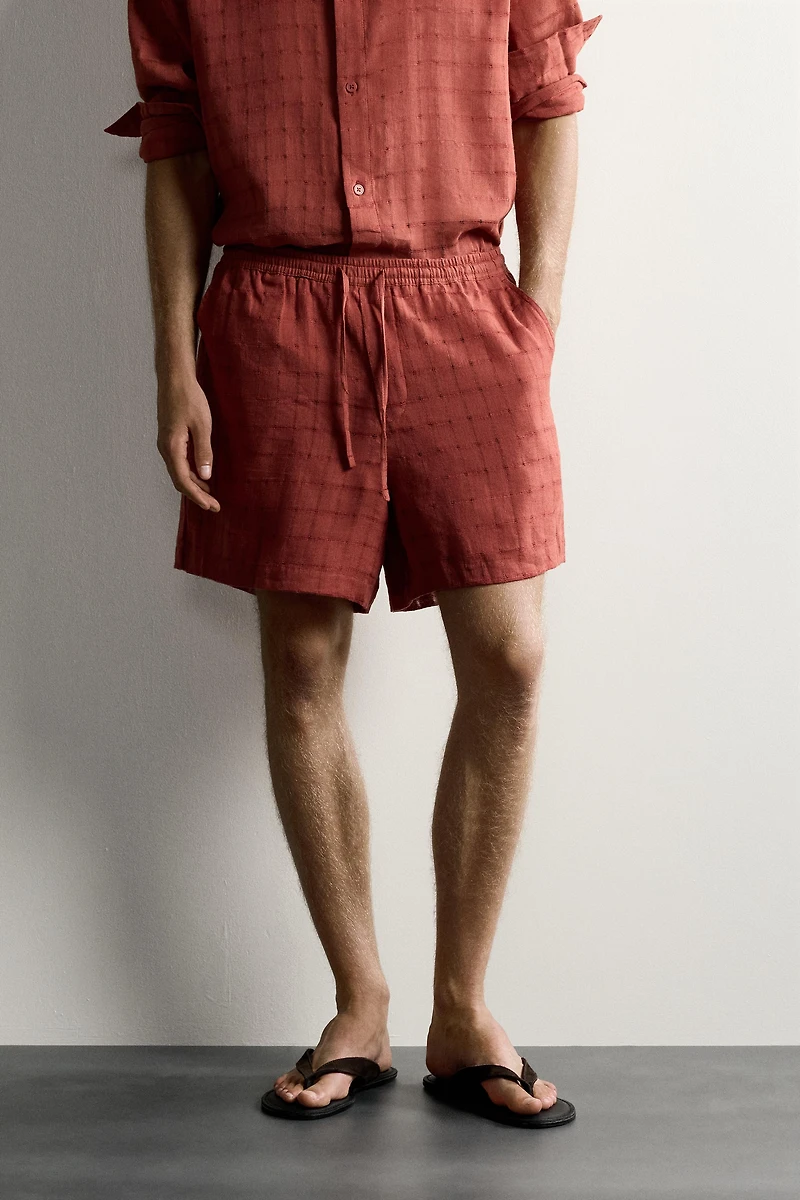 LINEN COTTON BLEND CHECKERED JACQUARD SHORTS