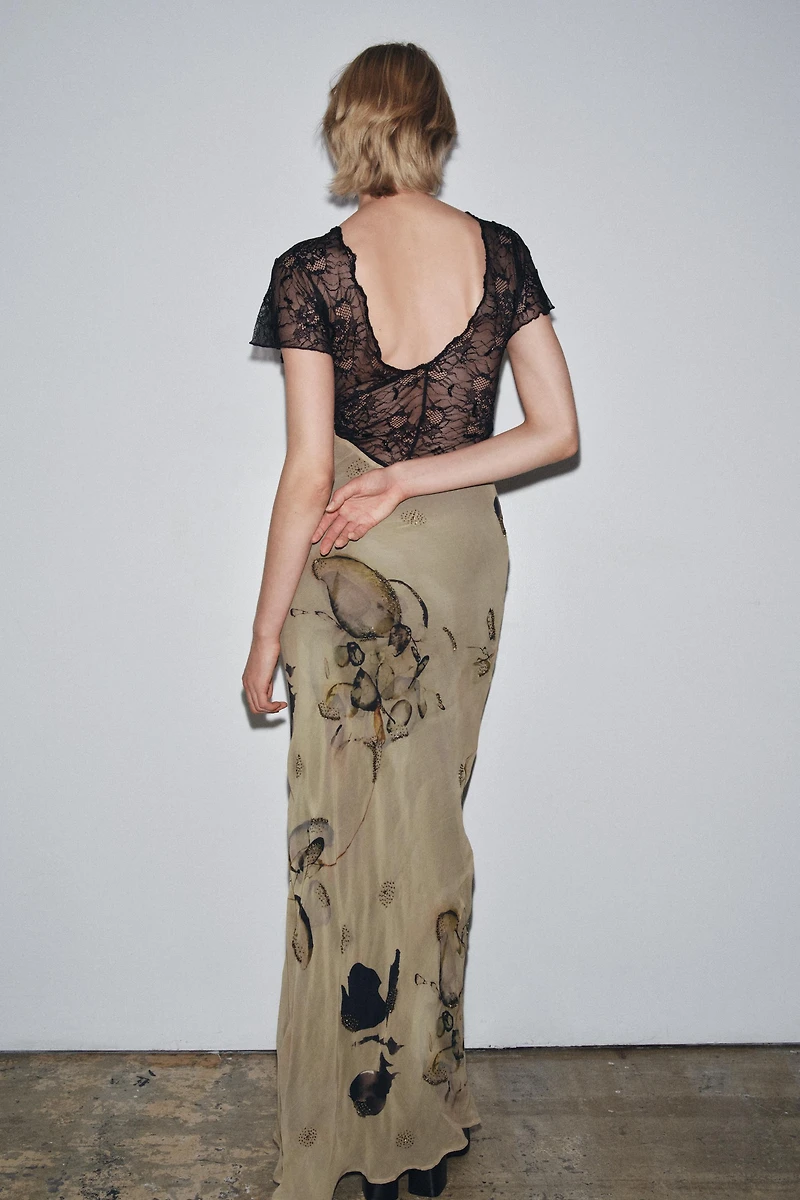 BEADED LACE PRINT DRESS