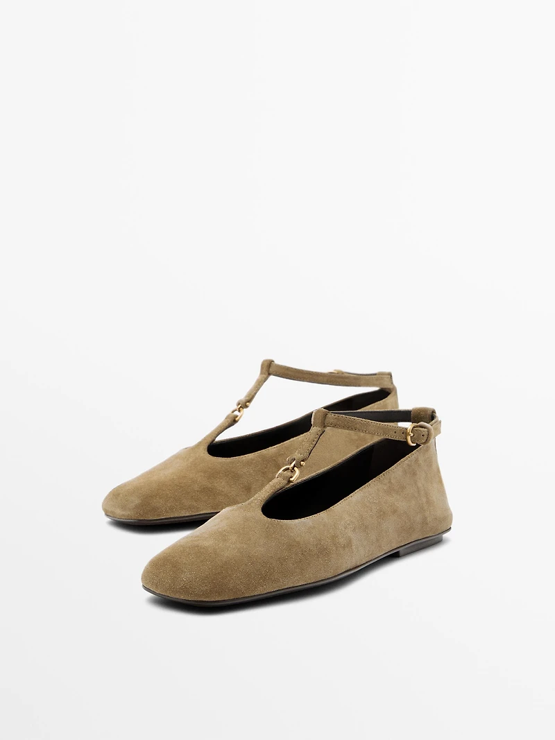 Split suede ballet flats with instep strap