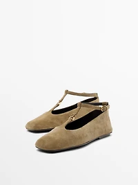 Split suede ballet flats with instep strap