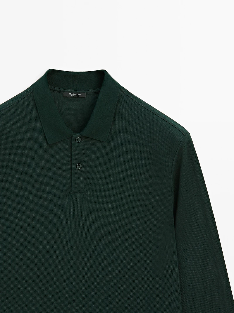 Long sleeve mercerised cotton piqué polo shirt