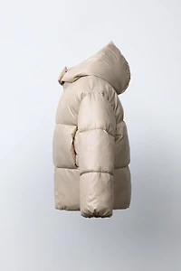 SHINY HOODED PUFFER JACKET WITH FAUX FUR LINING