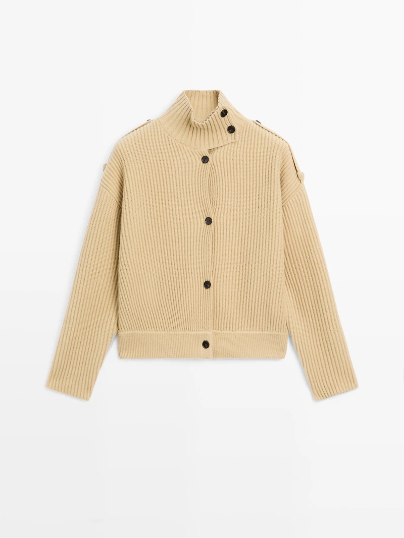 100% wool turtleneck knit cardigan