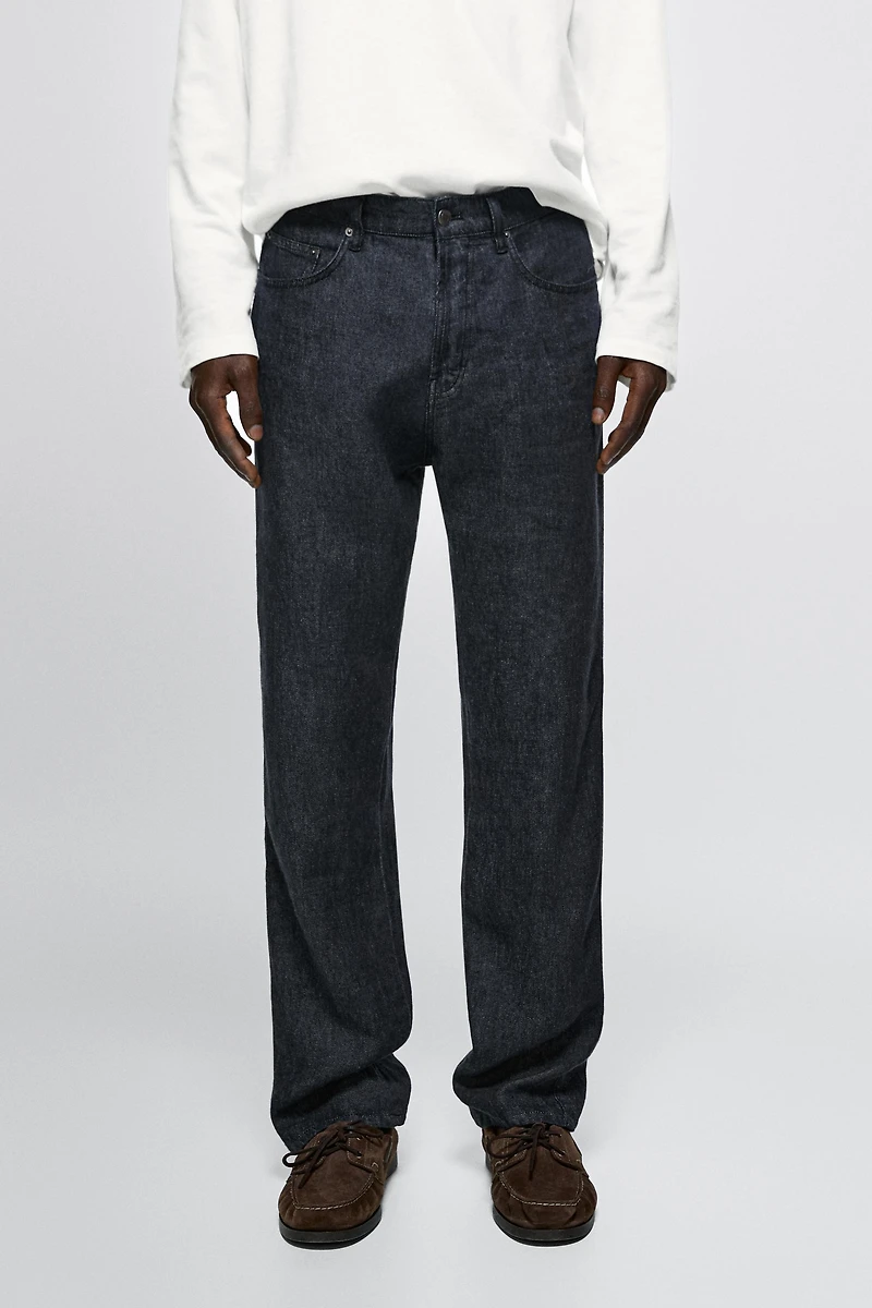 Straight-leg linen denim-effect pants