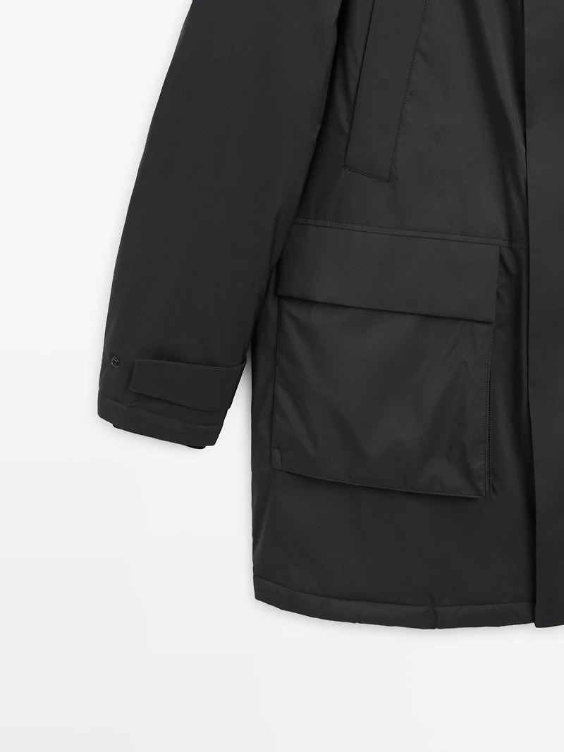 Long water-repellent puffer parka