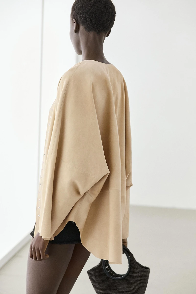Suede leather shirt with snap button detail