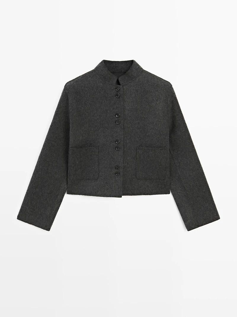 Short double-breasted wool blend jacket