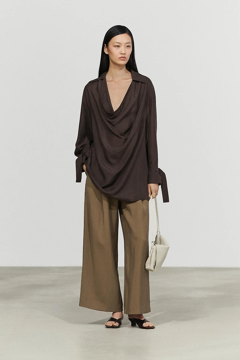 100% Silk Draped Neckline Flowy Shirt