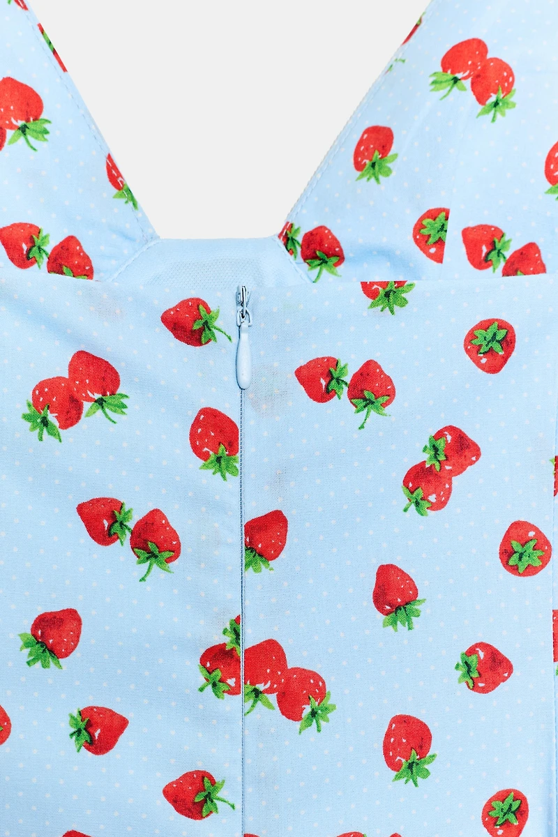 STRAWBERRY PRINT POPLIN MIDI DRESS