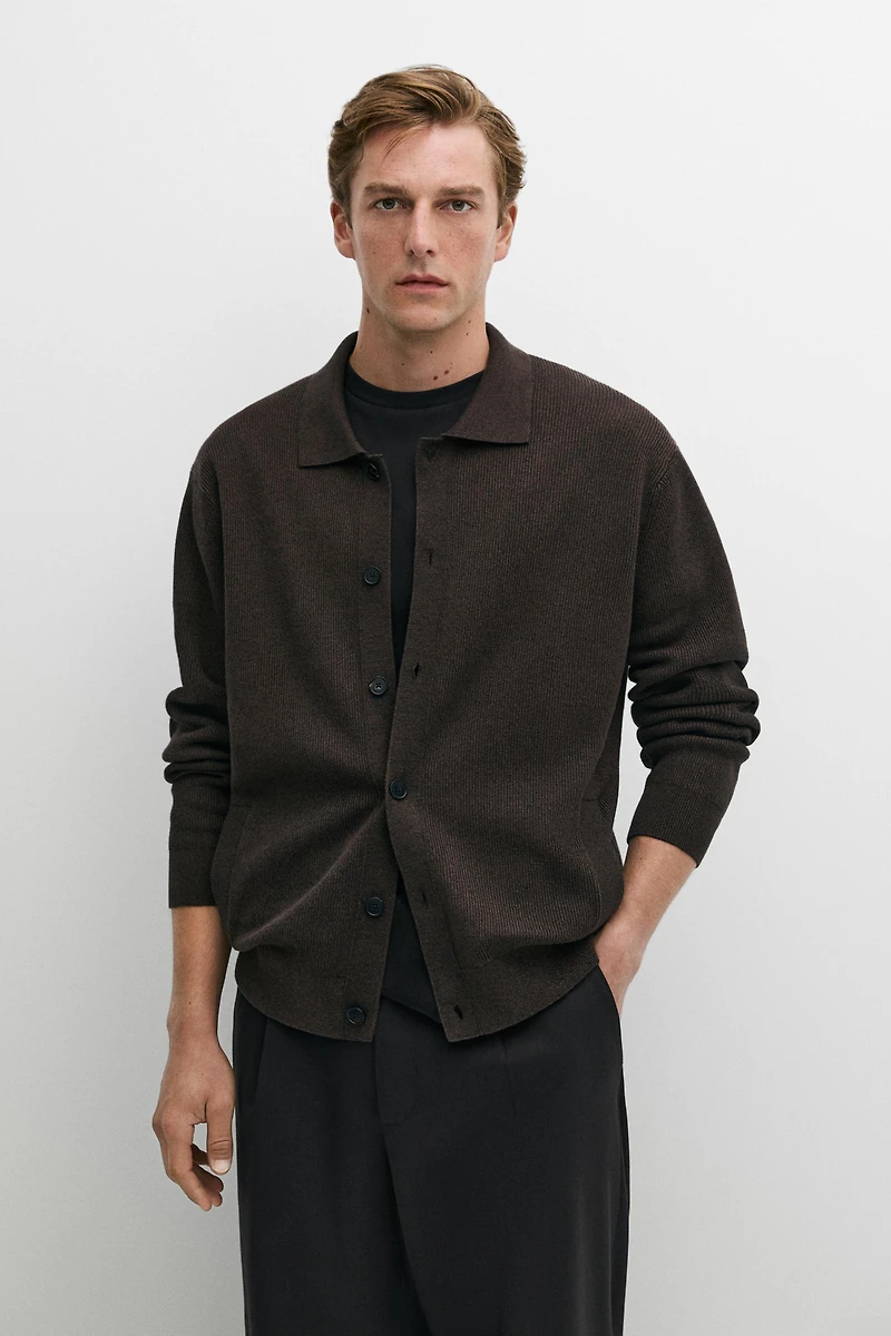 100% cotton polo collar knit cardigan