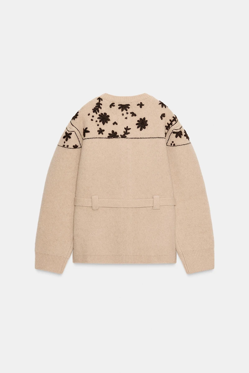 WOOL BLEND JACKET WITH EMBROIDERED FLOWERS AND BELT