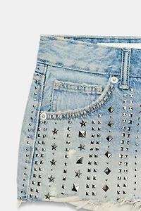 SHORT TRF EN DENIM TAILLE MI-HAUTE AVEC CLOUS ET DÉCHIRURES