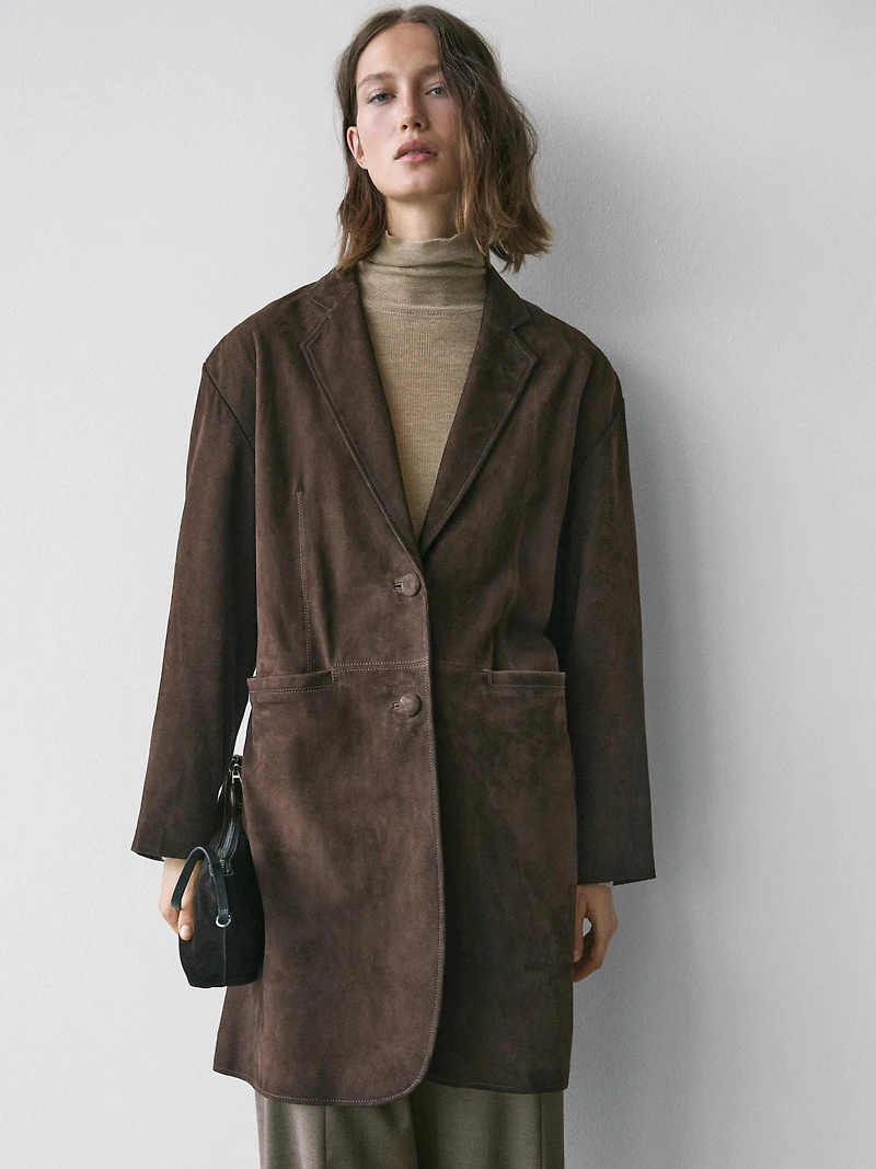 Manteau long en cuir finition daim