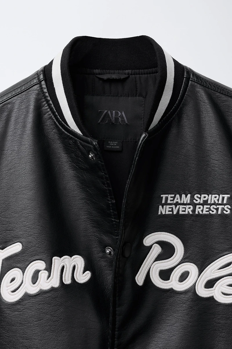 FAUX LEATHER BOMBER JACKET WITH EMBROIDERED TEXT
