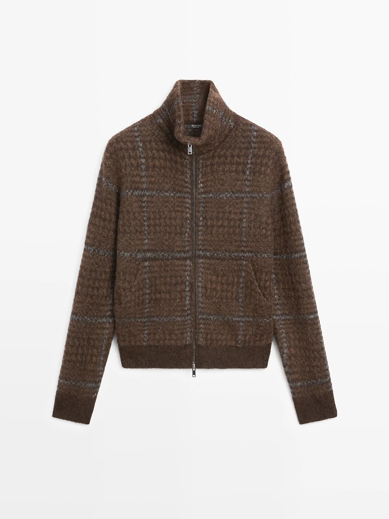 Check knit alpaca and felt texture cardigan