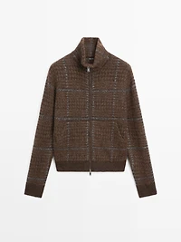 Check knit alpaca and felt texture cardigan