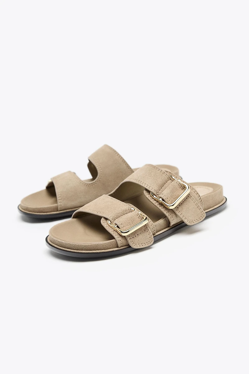 SPLIT LEATHER STRAPPY FLAT SANDALS