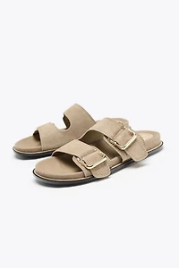 SPLIT LEATHER STRAPPY FLAT SANDALS