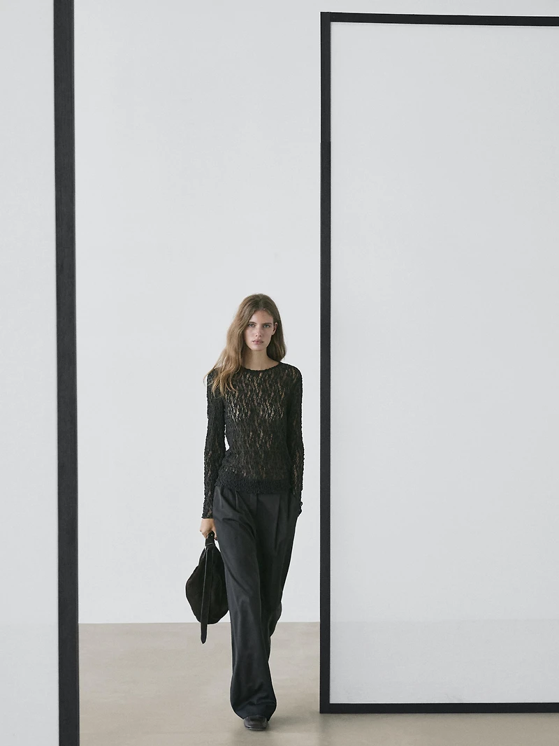 Top en maille de dentelle ajourée à manches longues