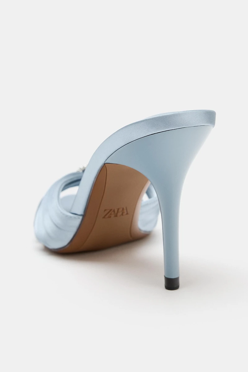 SATIN-EFFECT EMBELLISHED HEELED SANDALS