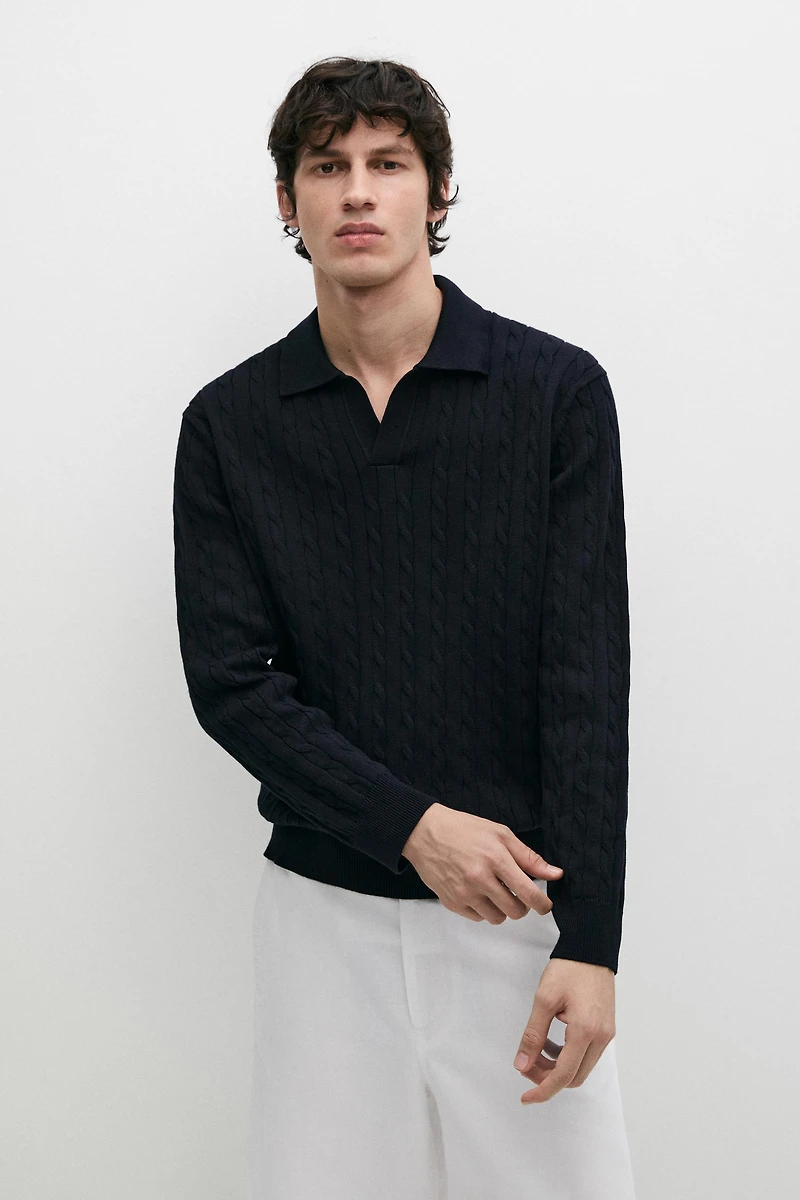 Pull polo en maille tressée 100 % coton