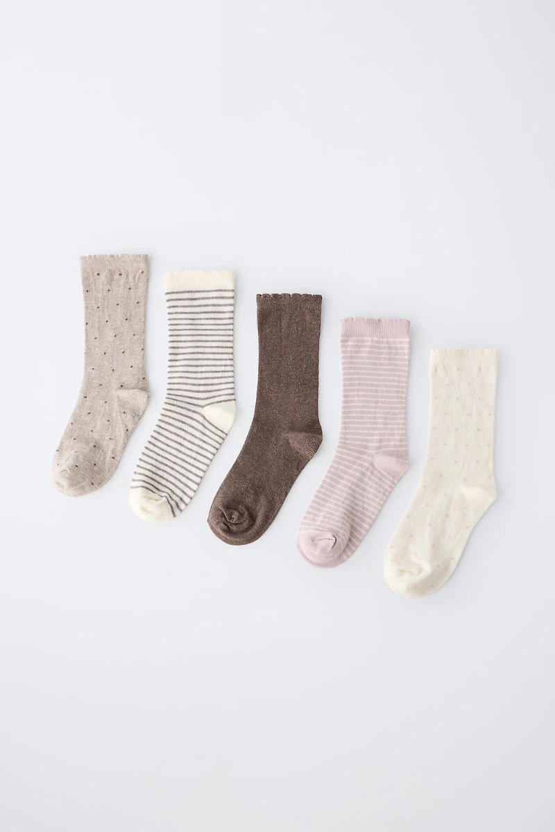 FIVE-PACK OF STRIPED AND POLKA DOT KNEE SOCKS