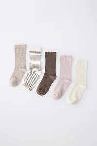 FIVE-PACK OF STRIPED AND POLKA DOT KNEE SOCKS