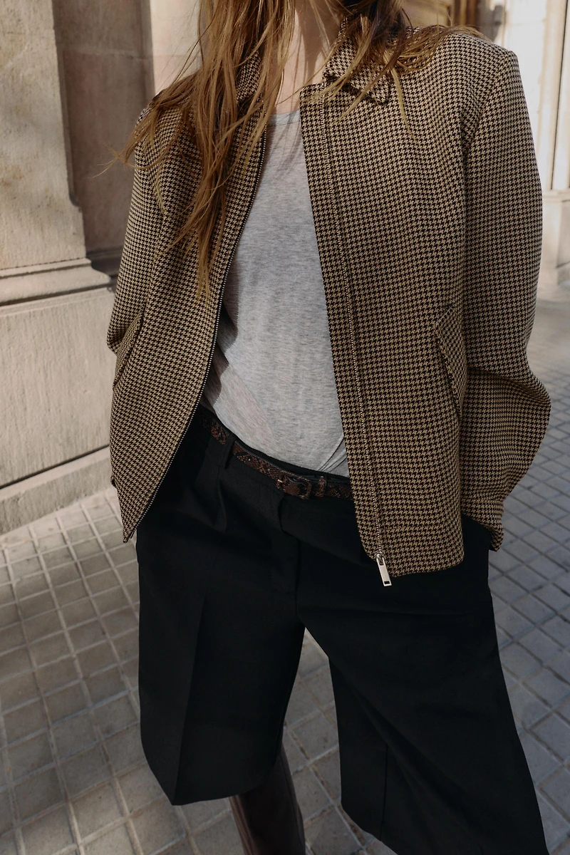 HOUNDSTOOTH BOMBER JACKET WITH SHOULDER PADS